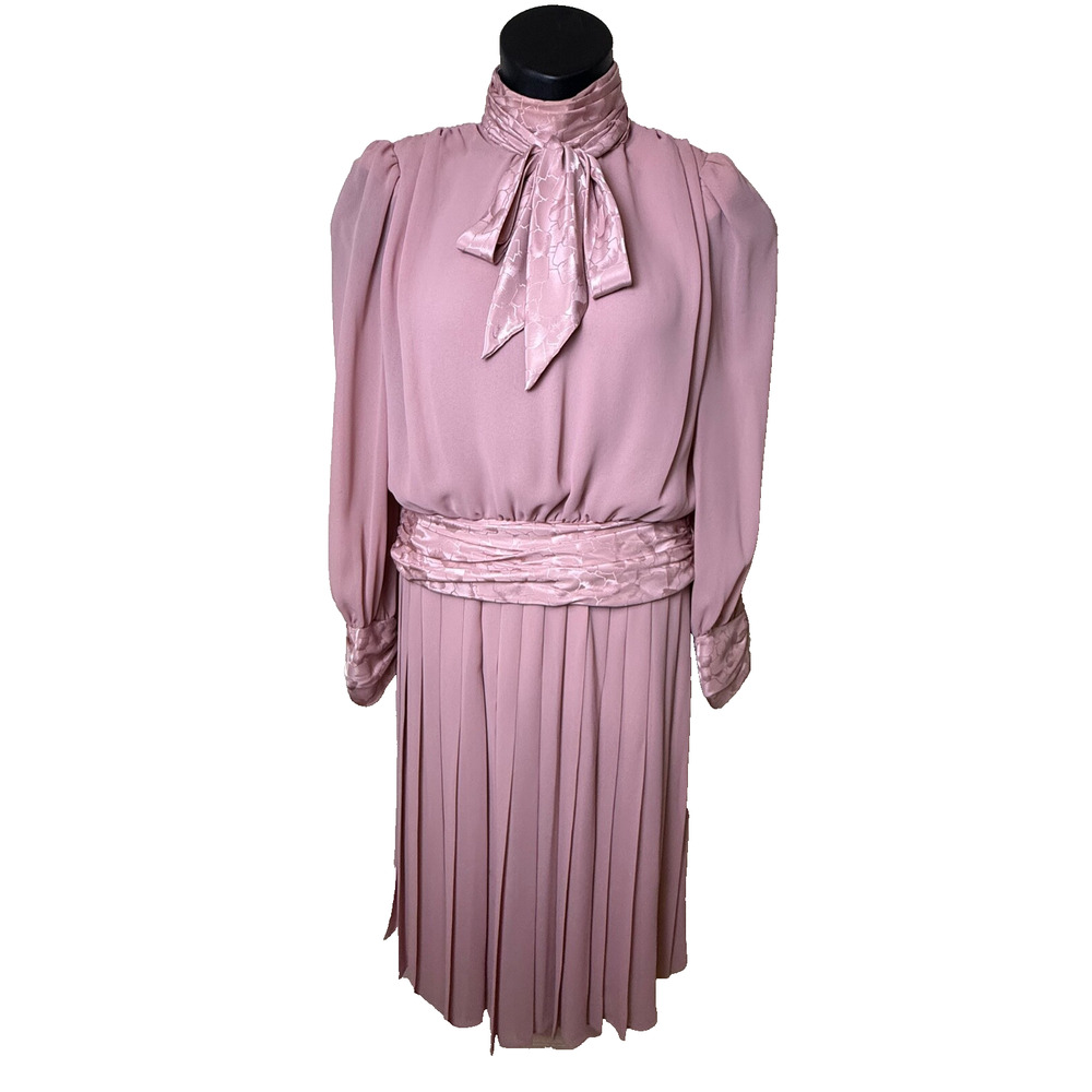 Rose Pink High Neck Bow Pleated Skirt Set Sz 8 10 Secretary Golden Girls Vtg 80s
